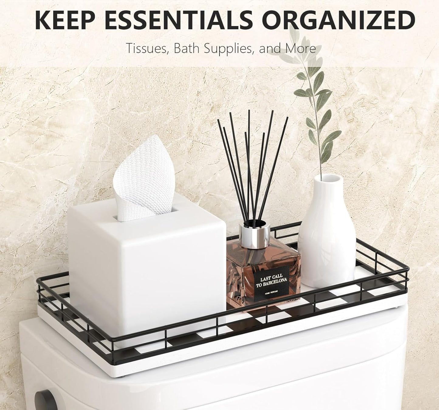 Toilet Tank Tray Organizer – Oak Wood Bathroom Counter Basket with Metal Frame, Back of Toilet or Tank Top Paper Holder Storage – Black & White Modern Decor