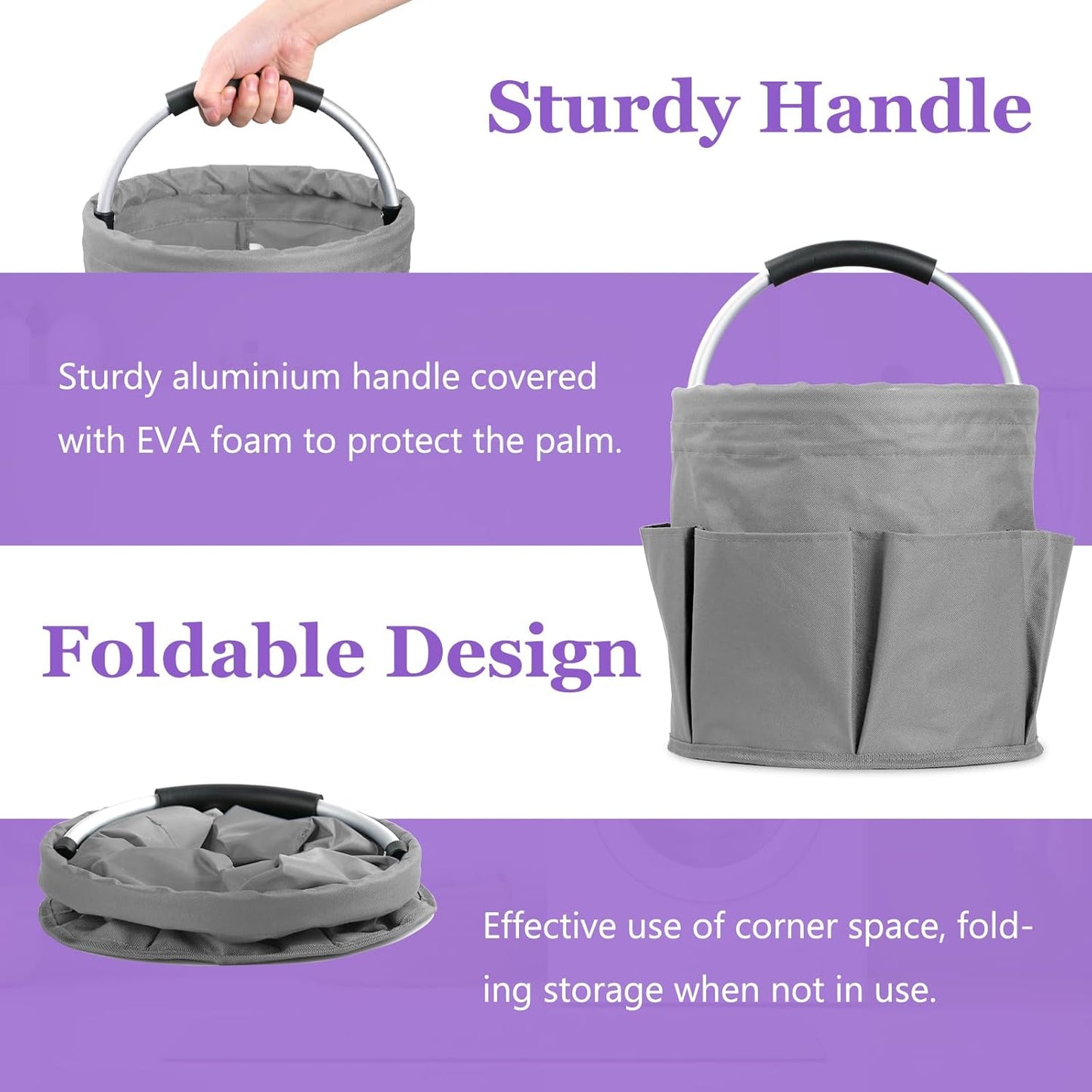 2Pcs Cleaning Caddy with Handle and 6 Pockets, 17L Foldable Cleaning Supply Caddy, Portable Shower Caddy in 600D Oxford Fabric, Multifunctional Storage Basket for Camping, Garden, Dark Gray