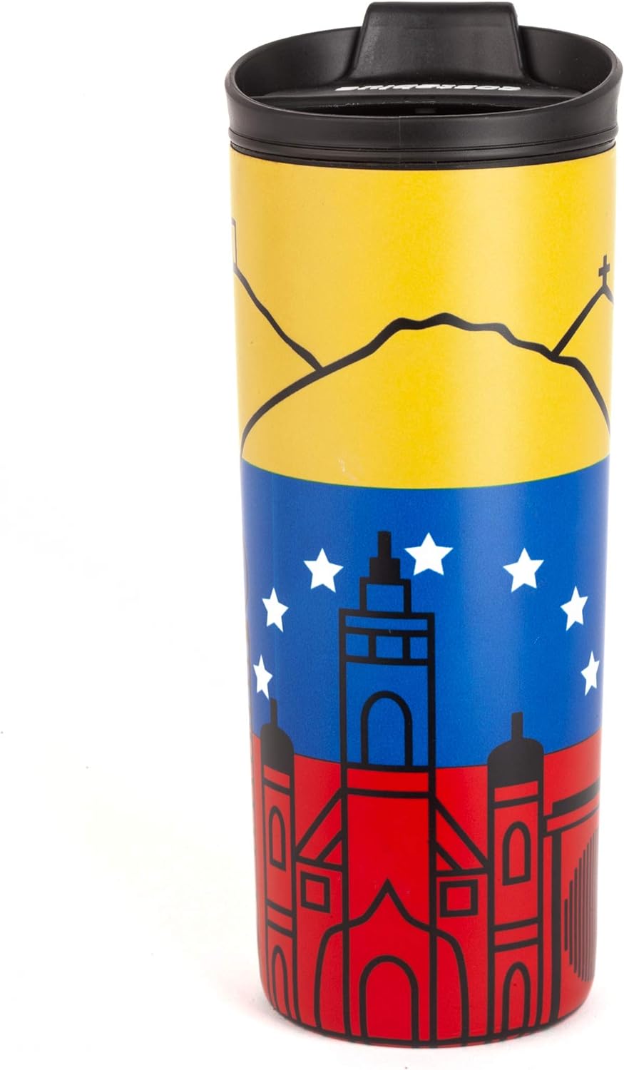 Venezuela Vacuum Insulated Stainless Steel Thermal Travel Mug, 16 oz, Easy Clean, Flip leak Proof Lid Venezuelan Flag with Icons from Caracas