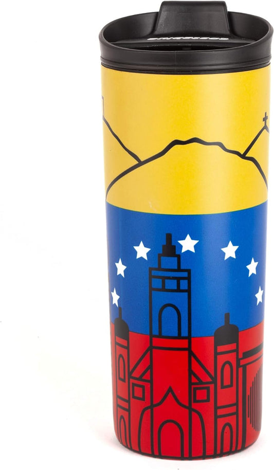 Venezuela Vacuum Insulated Stainless Steel Thermal Travel Mug, 16 oz, Easy Clean, Flip leak Proof Lid Venezuelan Flag with Icons from Caracas