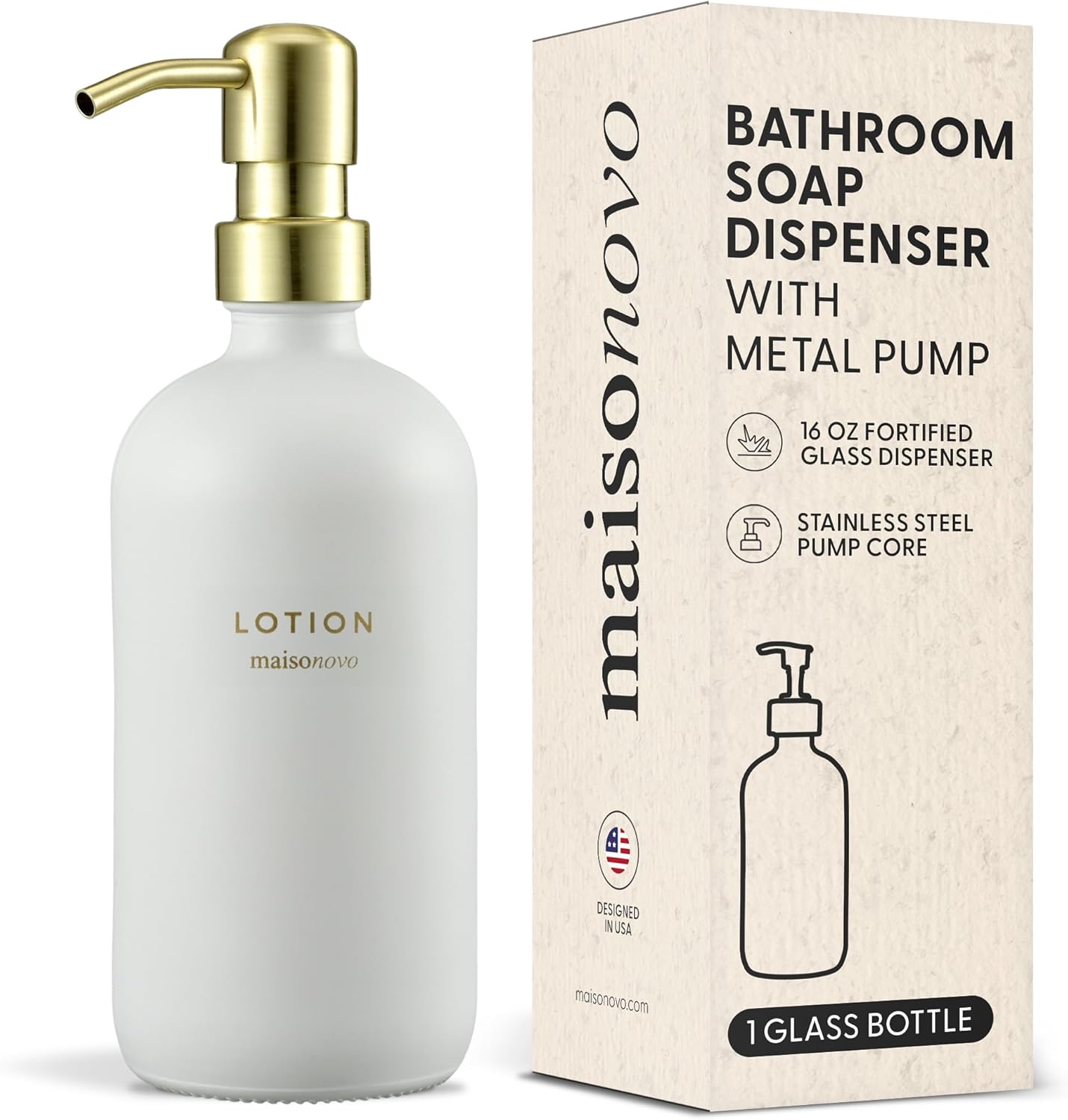 MaisoNovo Soap Dispenser 1-Piece Set | 16.9oz White Bottles with Gold Stainless Steel Pump