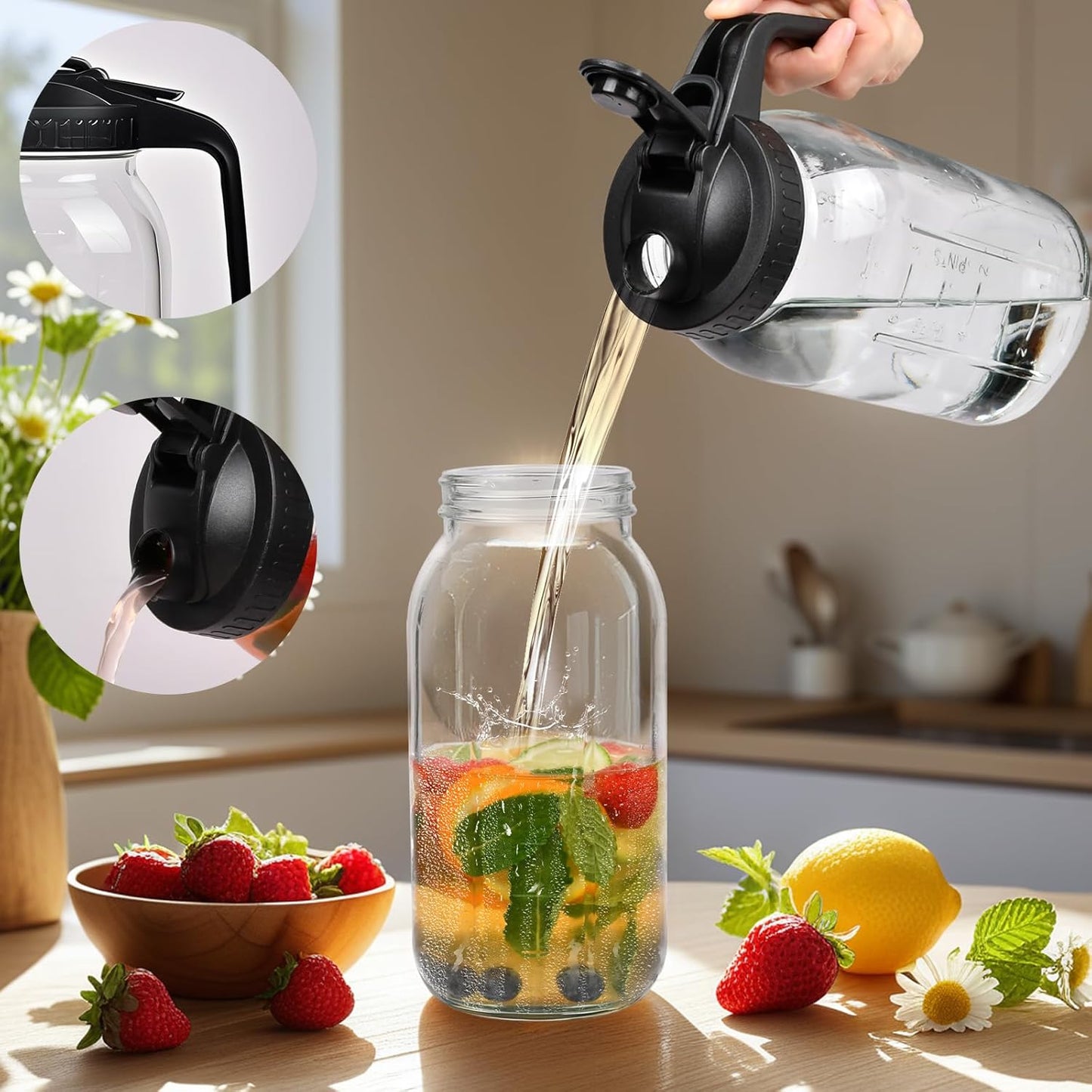 3 Pack 64oz Glass Mason Jar Pitcher with Airtight Lid and Handle – Wide Mouth, Leak-Proof, Ideal for Sun Tea, Cold Brew, Lemonade, Iced Coffee, Milk, and Water (Black)