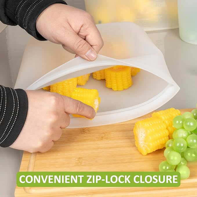 Reusable Storage Bags Extra Large, 0.8 Gallon/101 fl.oz/3000 ml, 4 Pack 100% Silicone Food Storage Bags Stand Up Zip Lock for Large Food Items, Freezer Microwave Oven Dishwasher Safe, Translucent
