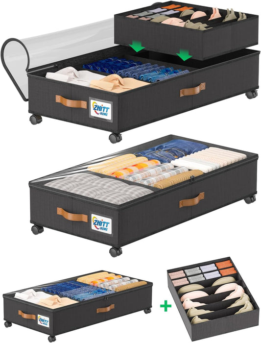 Under Bed Storage with Underwear Organizer Dividers, Scalable Under Bed Storage Containers with Wheels and Lids, 2Pack Underbed Storage Organizer Rolling Bins for Shoes Clothes
