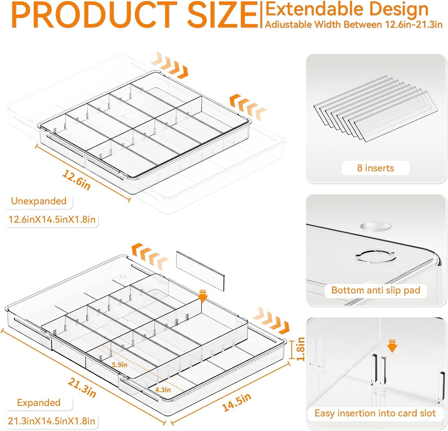 Yieach Large Expandable Desk Drawer Organizer Tray for Office Supplies and Accessories With 12 Adjustable Compartments,Office Drawer Organizers for Pencil,Pen and Kitchen Junk Drawer Organizer,Clear
