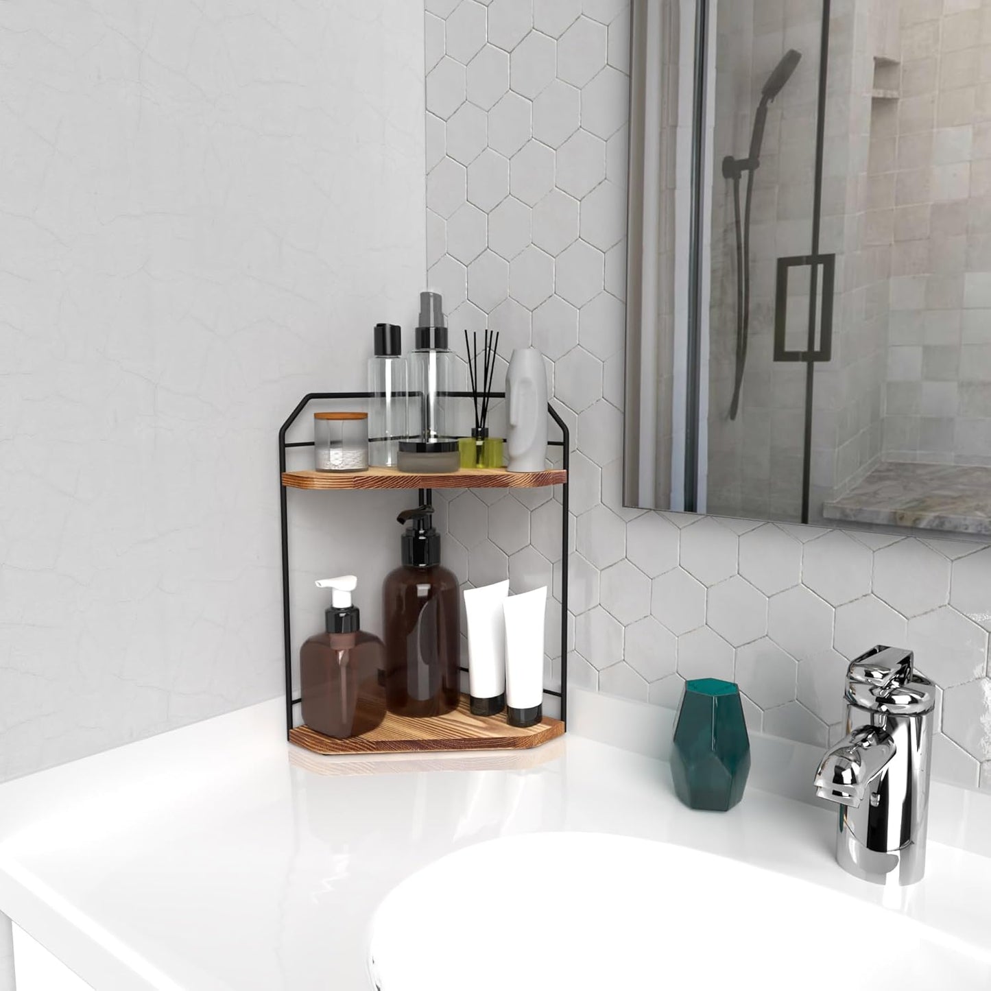 Corner Bathroom Counter Organizer - 2 Tier Wood Vanity Counter Shelf Perfume Skincare Holder, Countertop Corner Shelf Organizer for Bathroom, Kitchen, Brown