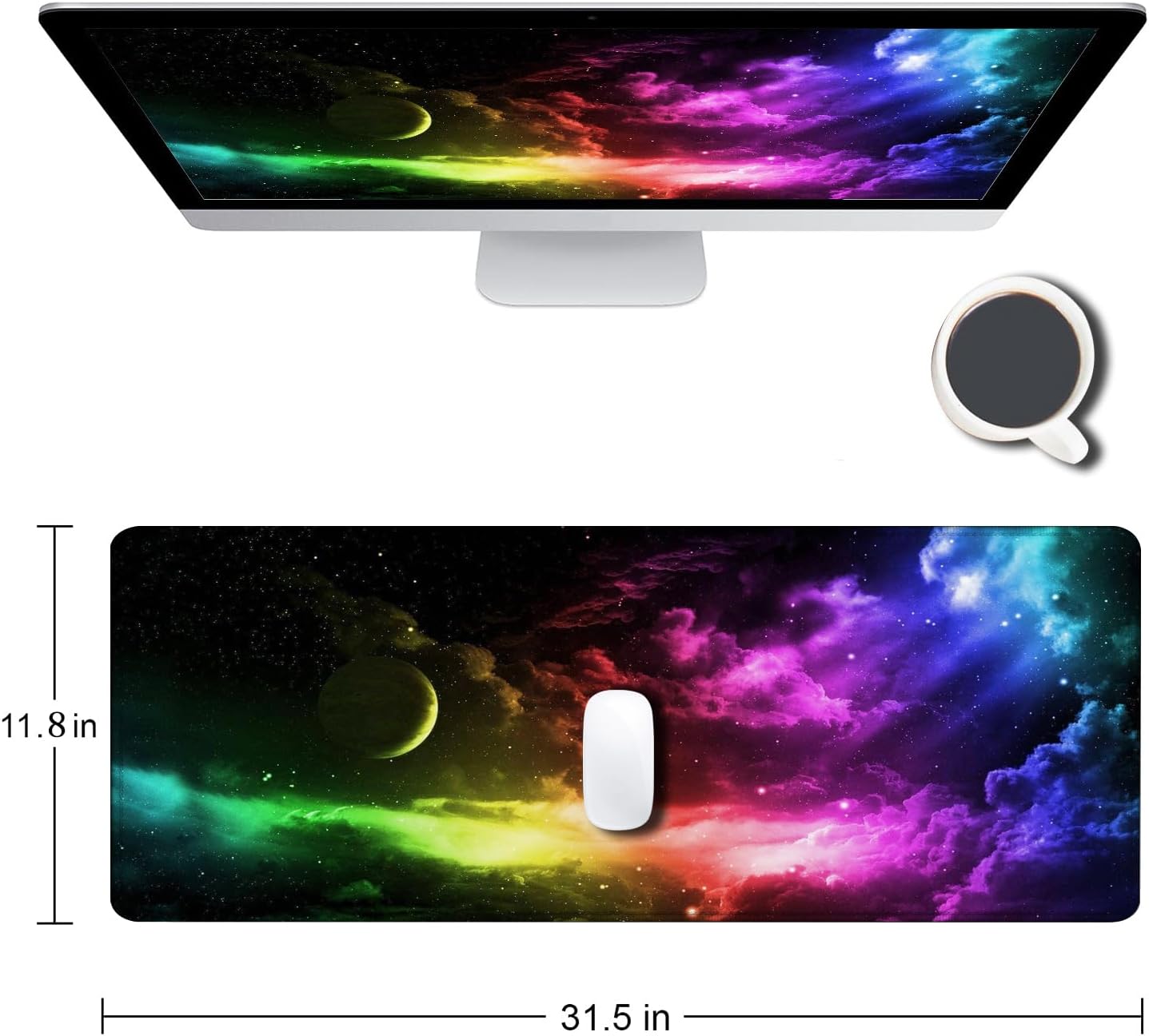Mouse Pad Gaming, Large Mouse Pads for Desk, Keyboard Mouse Mat Desk Pad, Non-Slip Rubber Base with Stitched Edges Mousepad, 31.5x11.8in Colorful Galaxy