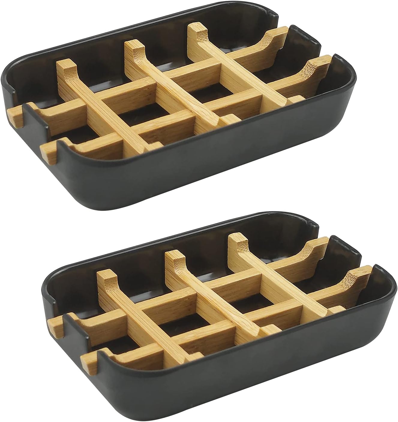 2 Pack Bamboo Soap Dish, Self-Draining Hand Soap Box, Wooden Bamboo Bar Soap Holder for Shower, Bathroom, Kitchen, Bathtub, Bar Sink (Black)