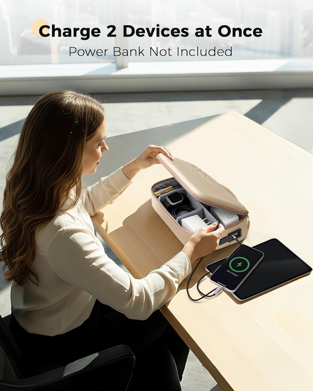 MATEIN Charger Cord Organizer with USB-C & USB-A Ports, Hardshell Cable Organizer Bag Cord Storage for Travel, Water Resistant 2-in-1 Electronics Case for Tech Accessories and Cosmetics, Apricot