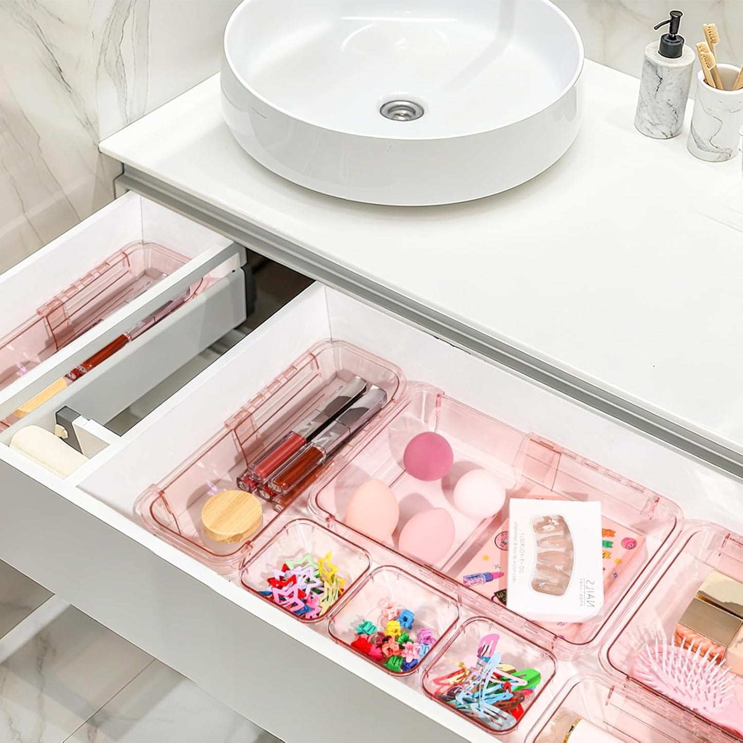 14 Pcs Adjustable Clear Drawer Organizer, Extendable Vanity Storage Bins, Desk Drawer Organizer Set for Makeup, Cosmetics, Bedroom, and Gadgets, Pink