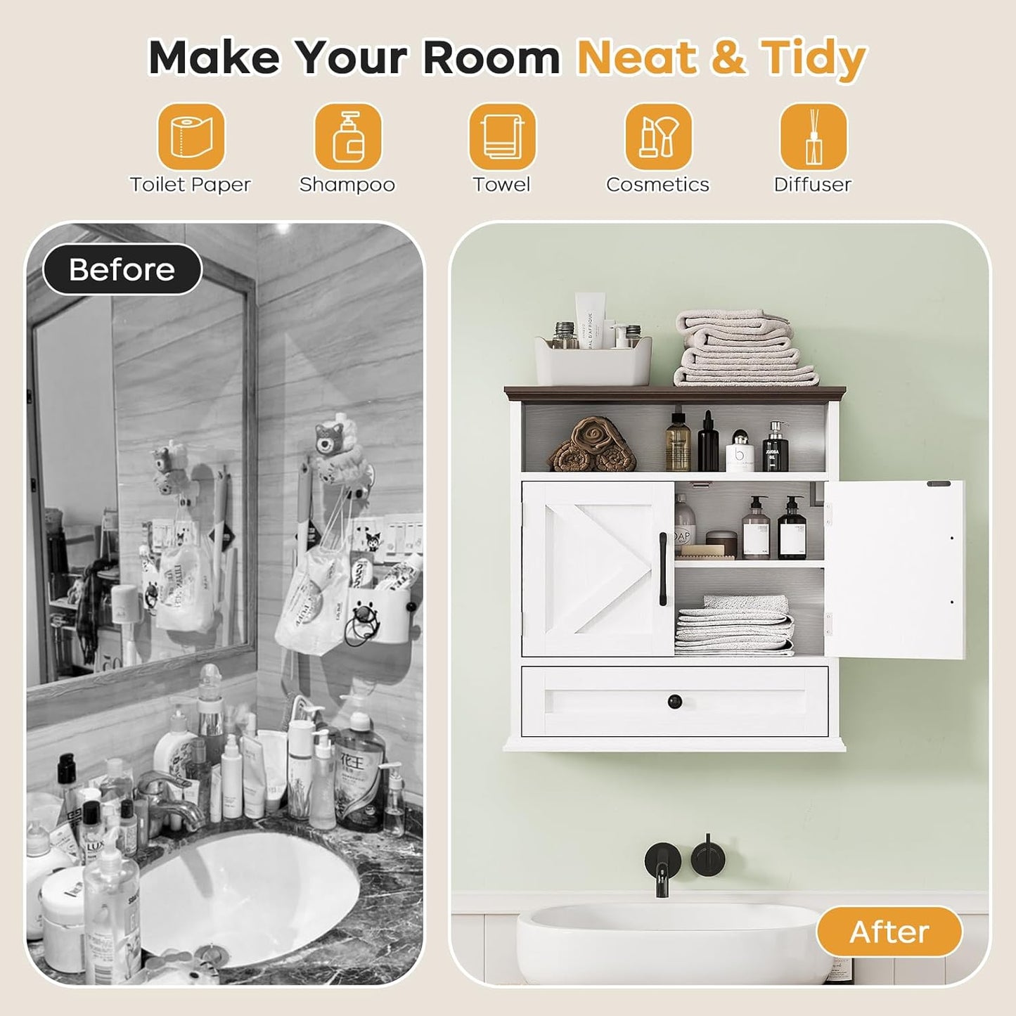 Bathroom Wall Cabinet, Wall Mounted Medicine Cabinet with Drawer, Barn Doors & Adjustable Shelf, 24.4"H x 23.6"W x 9"D White Over Toilet Farmhouse Storage Cabinet for Kitchen, Laundry Room, Entryway