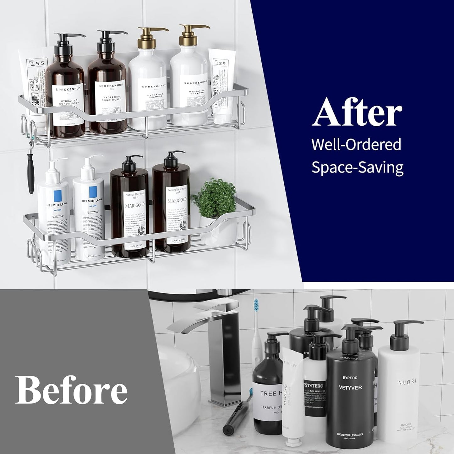 Kitsure Shower Caddy Large - Adhesive Shower Organizer, Stainless Steel Shelf for Inside Shower, No Drill Bathroom Organizers and Storage, Home Decor Accessories, 2 Pack, Sliver