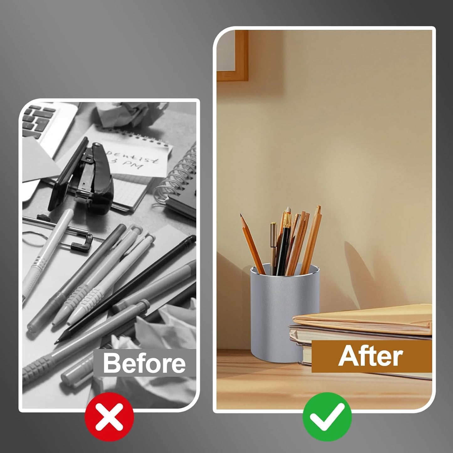 Metal Pen Holder Aluminum Pencil Holder Desktop Organizer Black for Office, School, Home 3.15 x 3.15 x 3.94 Inches-Silver