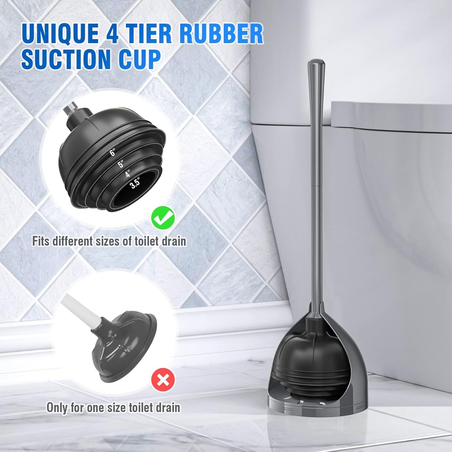 uptronic 2 Pack Toilet Plunger with Holder, Unique Plunger with All-Angle Design, Plungers for Bathroom for 5.7-inch Toilet Drain, Toilet Plunger Heavy Duty (Grey)