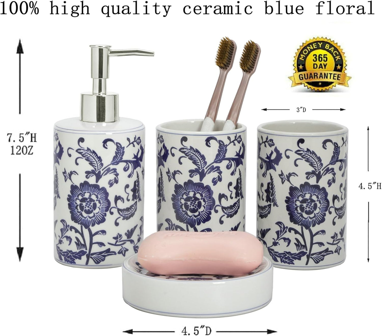 Chinese Blue and White Porcelain Bathroom Set – 4-Piece Ceramic Bath Accessory Set with Lotion Dispenser, Toothbrush Holder, Tumbler, and Soap Dish