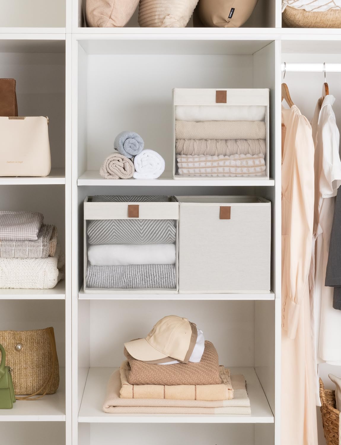 StorageWorks 11x11 Storage Cubes, Closet Storage Bins with Clear Window, Fabric Organizer for Clothes, Collapsible Storage Baskets with PU Handles, Beige, 3-Pack