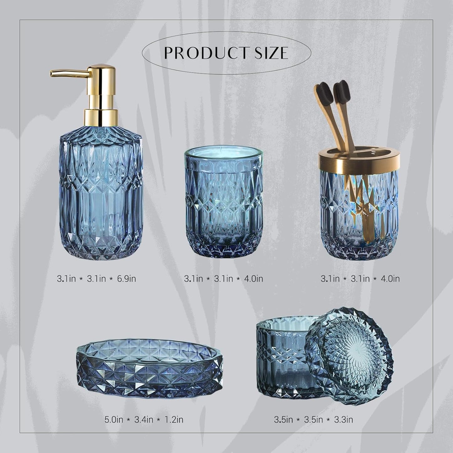 EMPO 6PCS Bathroom Clear Glass Accessories Set (Lotion Soap Dispenser, Soap Dish, Toothbrush Holder, Tumbler, Cotton Swab Jar), Contemporary Modern Decor Crystal Vintage Gift (6pcs Blue)