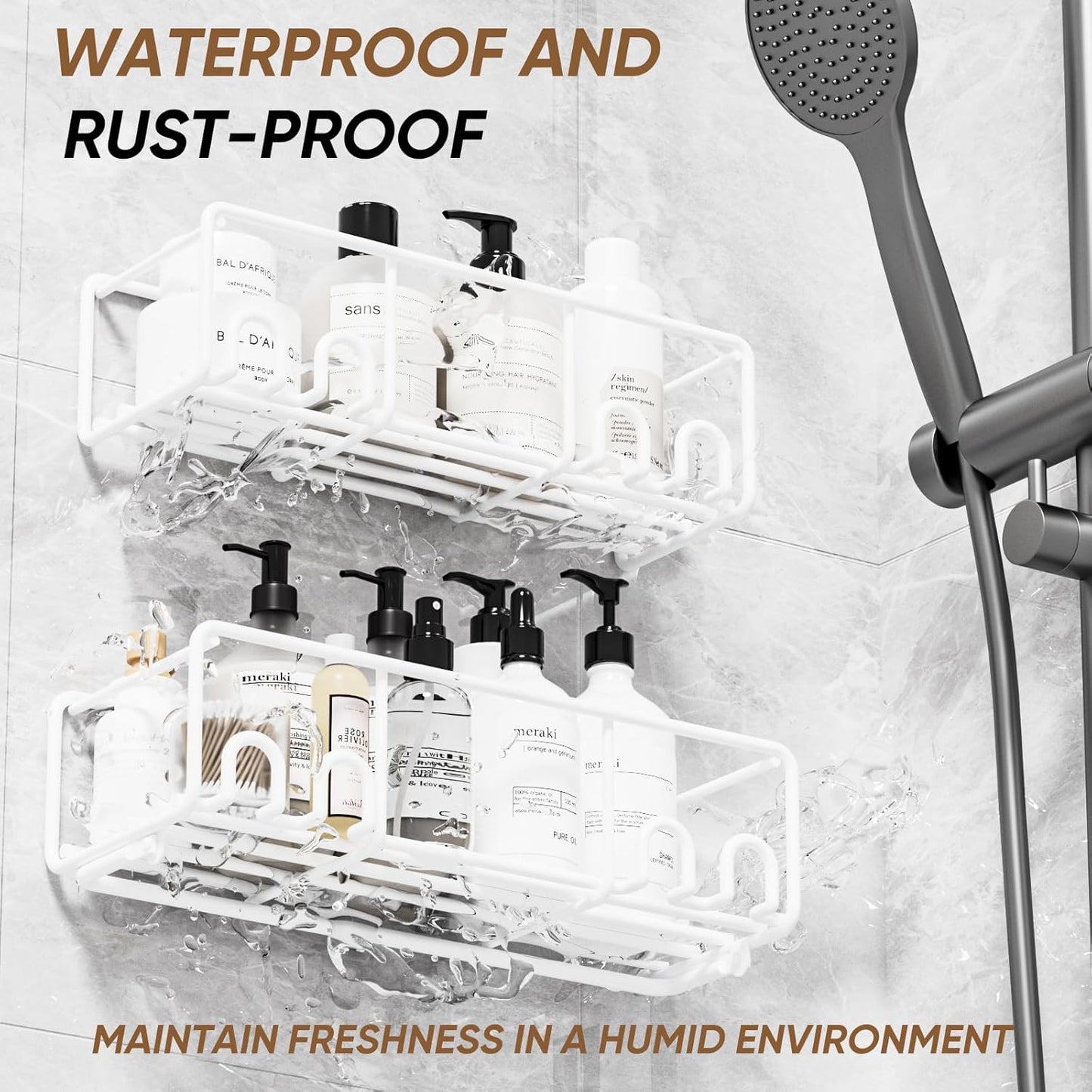 Adhesive Shower Caddy, Shower Shelves with Rustproof Coated, Wall Mounted Bathroom Organizer, Sleek Bathroom Organizers and Storage, No-Drilling (White, 2 Pack)