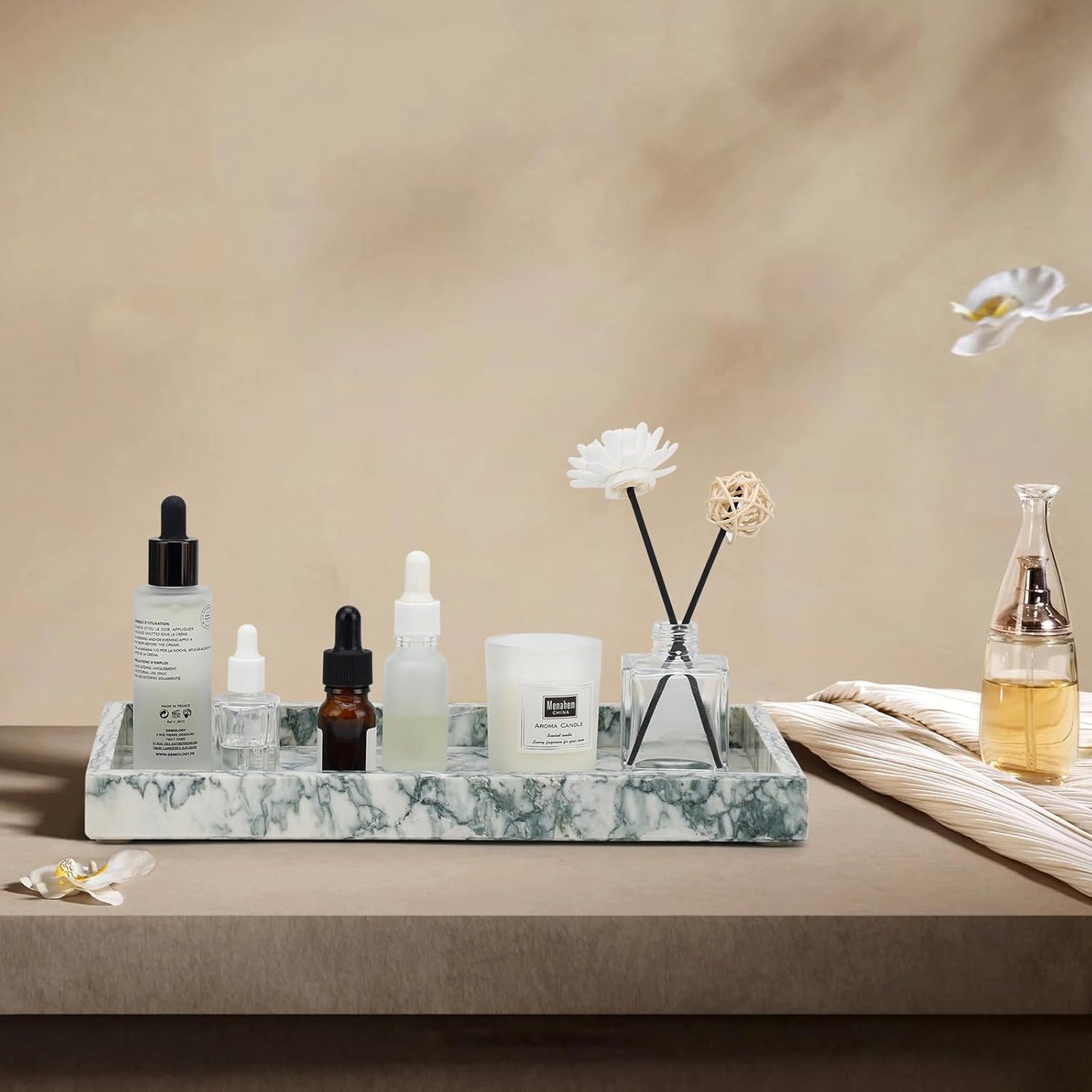 Marble Bathroom Tray,Pure Natural Vanity Tray,Marble Tray for Kitchen Counter Non-Ceramic/Non-Resin,Stone Trays 12 x 8 inch Cyan Green