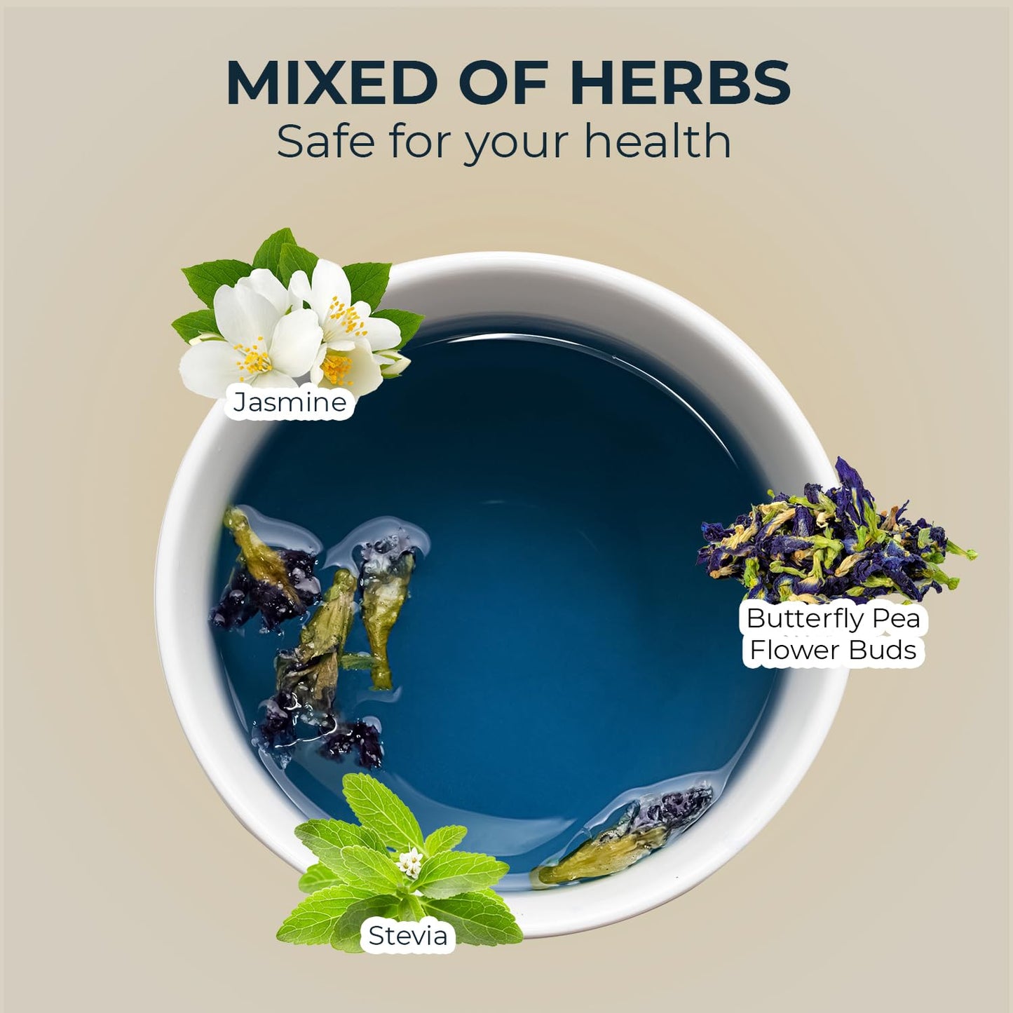 Butterfly Pea Flower Tea with Jasmine & Stevia - 55 Count (+5 Tea Bags) - 4.44 oz, Bamboo Tong, No Sugar Added & No Additives, Re-Steep Natural Herbal Tea Blend for Skin,Support