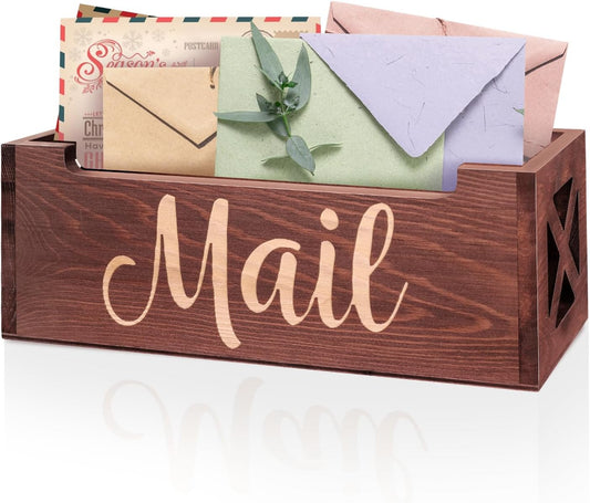 Wooden Mail Organizer Mail Holder Countertop, Farmhouse Brown Mail Tray Mail Storage Box for Wall, Rustic Mail Basket Letter Holder for Office Desk