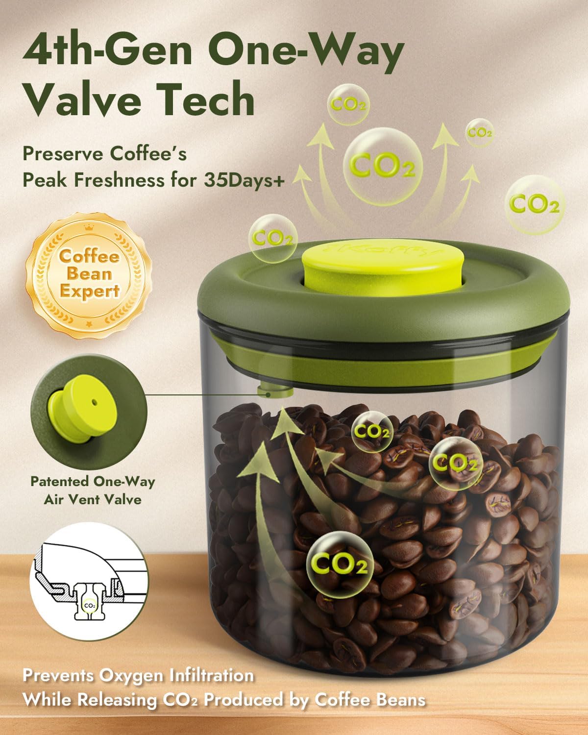 Airtight Coffee Canister – One-Way CO₂ Valve, UV Protection, 3X Thicker Glass, Coffee Bean Storage Container for Ground Coffee & Tea, 20.3 fl oz, for 0.5 lb Beans
