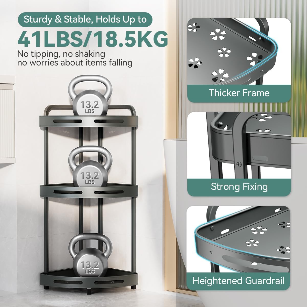 Corner Shower Caddy Standing, 3-Tier Rustproof Shower Organizer with Soap Holder, Aluminum Shower Shelf Stand for Bathroom Storage, Gray