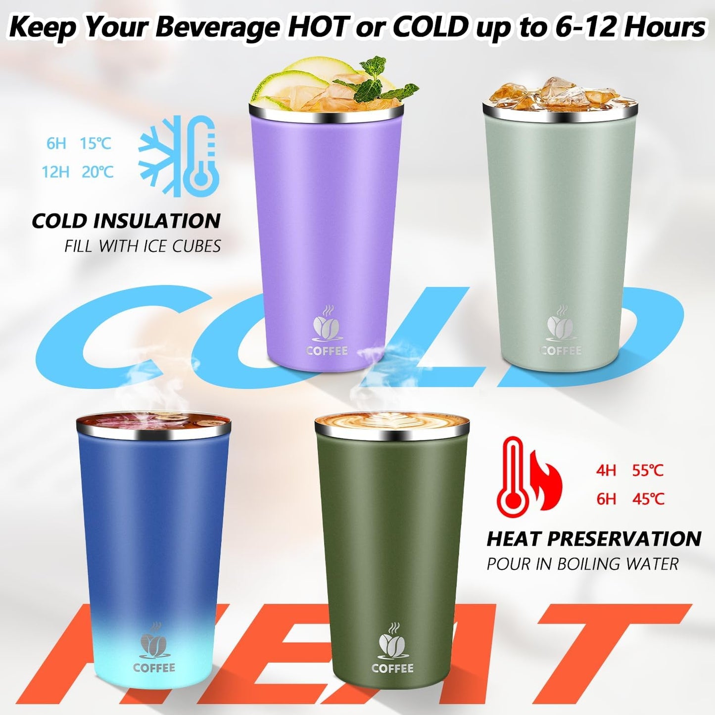 Insulated Travel Coffee Mug Reusable Coffee Tumbler Cup with Flip Lid Leak Proof Spill Proof for Office School Party Camping Hot and Cold Drink,Stainless Steel 17oz (Army Green)