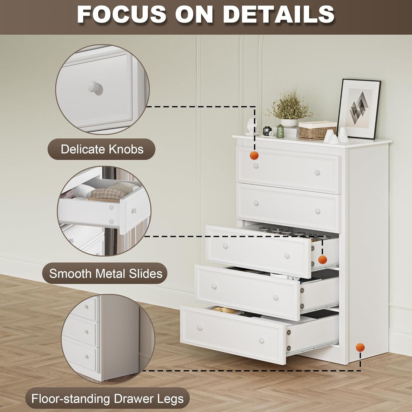 5 Drawer Dresser for Bedroom, Tall Wooden Chest of Drawers with Spacious Top, Modern Storage Organizer Cabinet for Closet, Nursery, Living Room, 15.7" D x 31.5" W x 45.7" H (White)