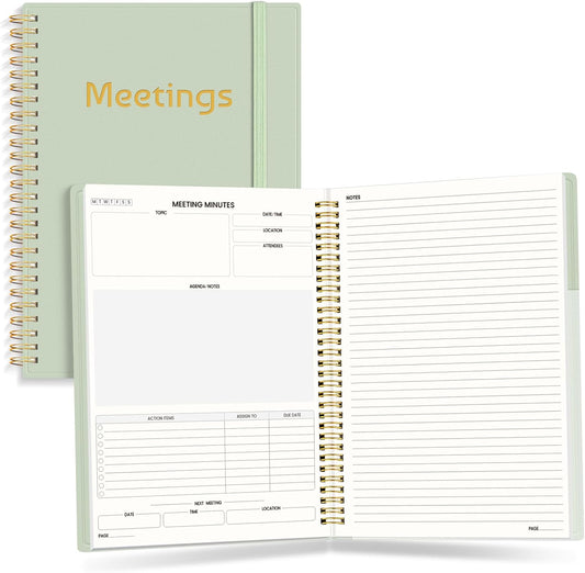 SUNEE Half Meeting Half Note 7"x10" Notebook for Work – 140 Pages, B5 Size Project Planner for Women&Men, Minutes Organizer for Meeting Notes, Ideas for Office/Business, PVC Waterproof Cover, Green