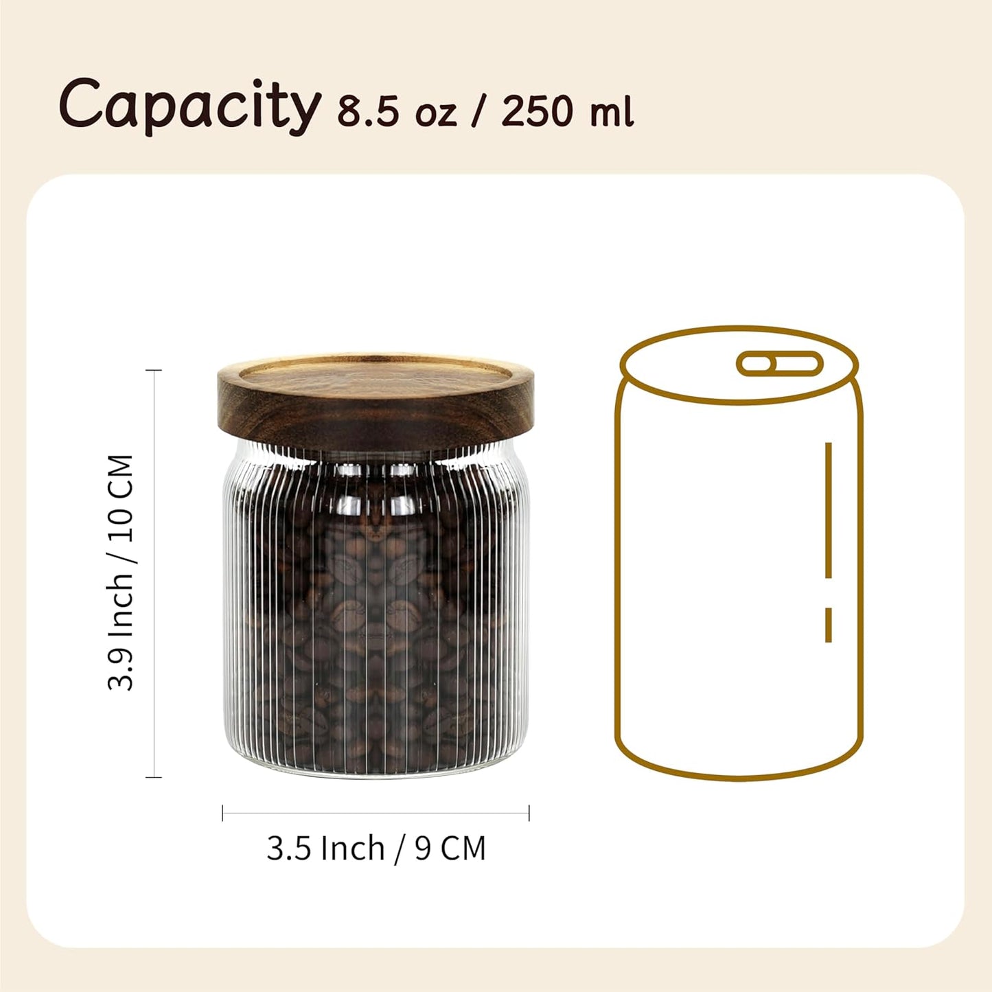 Ribbed Glass Storage Jars Set of 2 – Airtight Food Canisters with Wooden Lids, Stackable Kitchen Organizers for Coffee, Tea, Spices & Dry Goods (8.5oz)