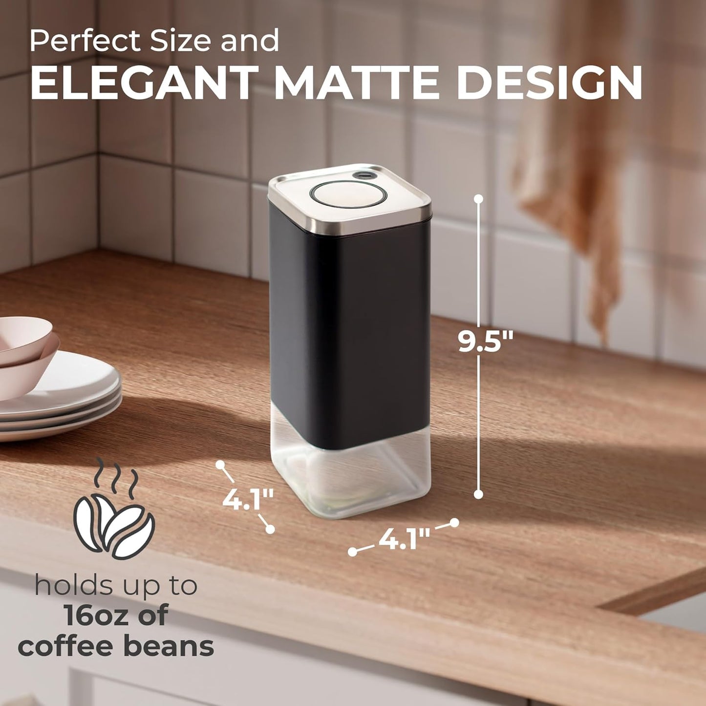 Kaffe Glass Coffee Canister (16oz) w/Airtight Lid - Click to Release Seal - BPA Free Glass & Stainless Steel - Elegant Kitchen Storage Container for Coffee, Nuts, Rice, Flour, Sugar, Tea, Cereal