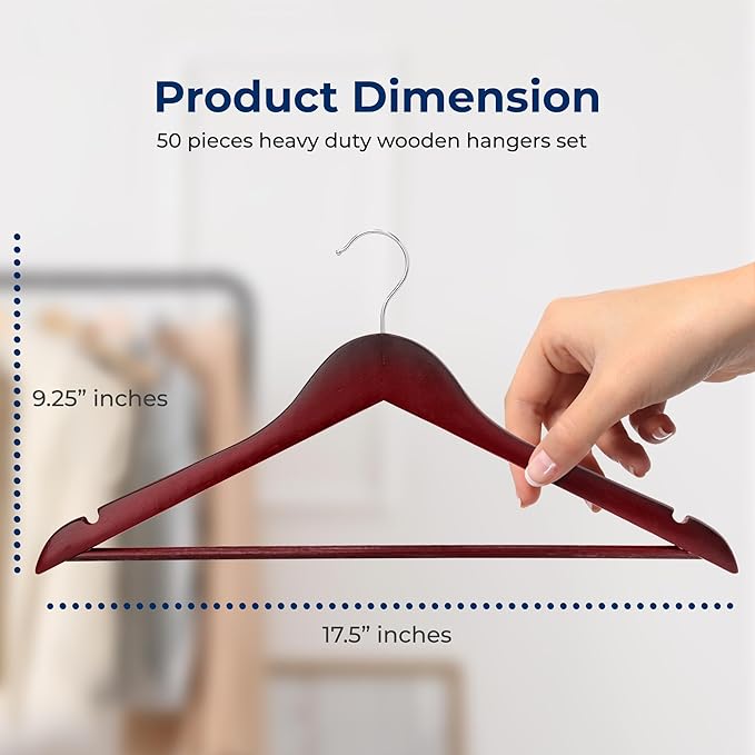 SereneLife 50 Pack Wooden Hangers Cherry Finish Heavy Duty Suit and Coat Hanger Set with 10 lb Capacity 360° Swivel Chrome Hook Non Slip Notches Pants Bar Space Saving Closet Clothes Organizer