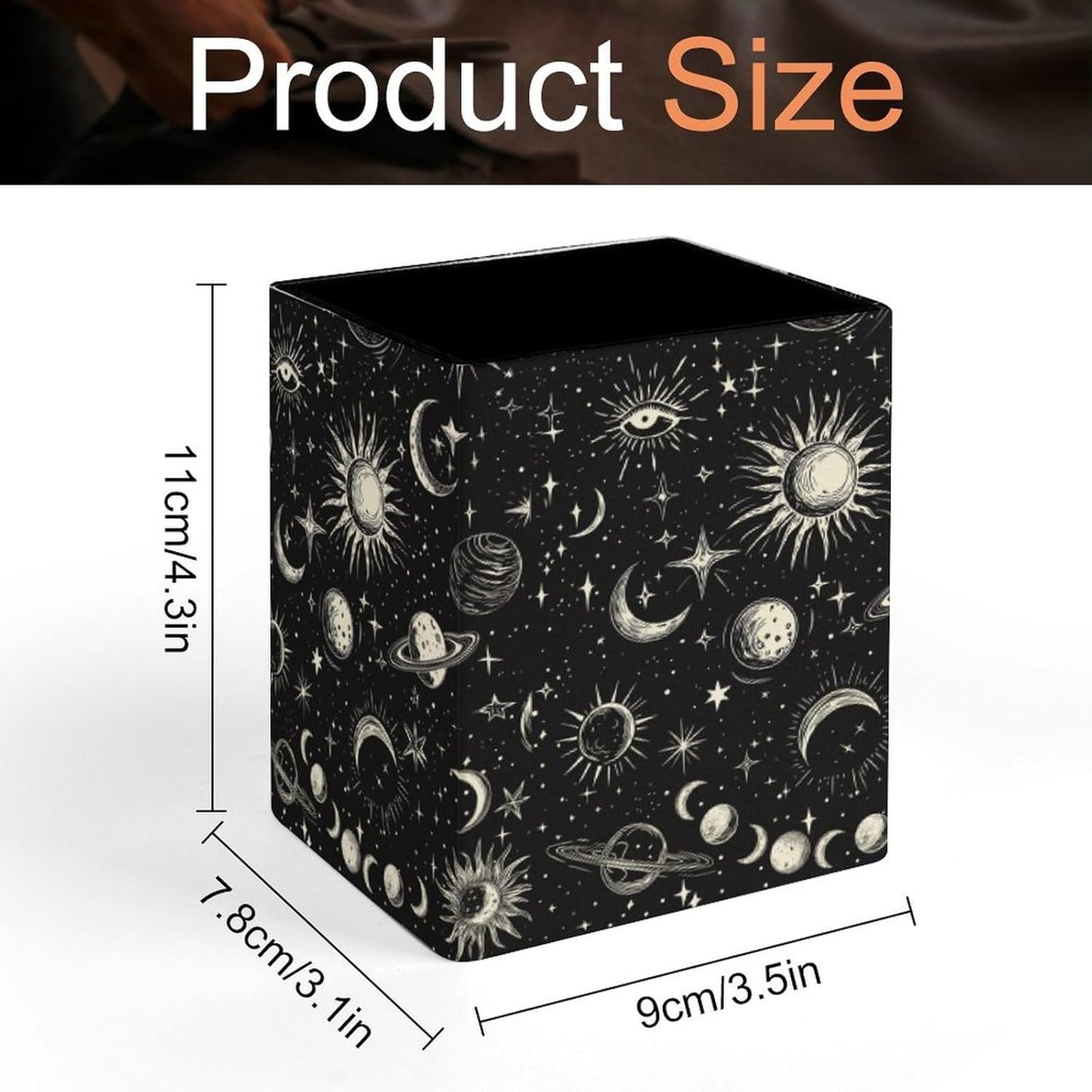 Square Pen Holder & Pencil Organizer for Desk - Office Storage Organizer, Markers/Makeup Brushes/Scissors Holder, Compact Desk Decor Accessories for Home Classroom School(Stars Moon Sun)