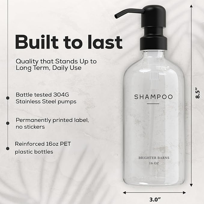 Clear Shampoo and Conditioner Dispenser Set by Brighter Barns - Body Wash, Shampoo Dispenser for Shower with Pump - Refillable Plastic Shower Bottles for Bathroom Decor in Home, Airbnb, Hotel (Clear)