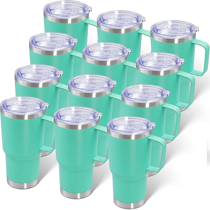 20 oz Tumbler with Handle and Lid, Stainless Steel Tumbler Insulated Travel Coffee Mug, Spill Proof Double Wall Vacuum Tumbler Cup Keep Drink Hot & Cold, Light Blue, 12 Pack