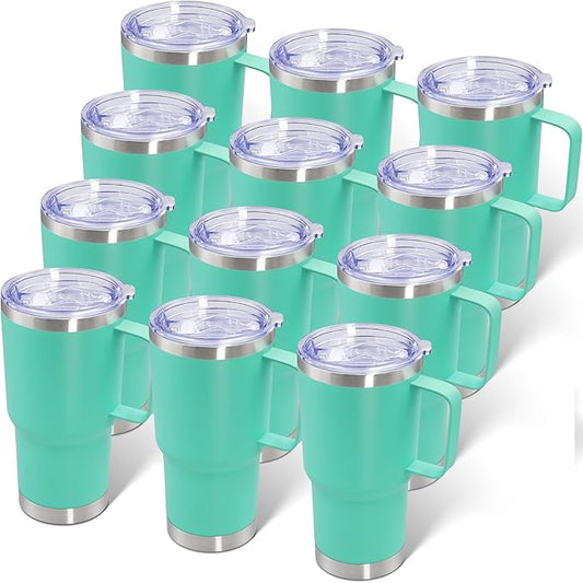 20 oz Tumbler with Handle and Lid, Stainless Steel Tumbler Insulated Travel Coffee Mug, Spill Proof Double Wall Vacuum Tumbler Cup Keep Drink Hot & Cold, Light Blue, 12 Pack