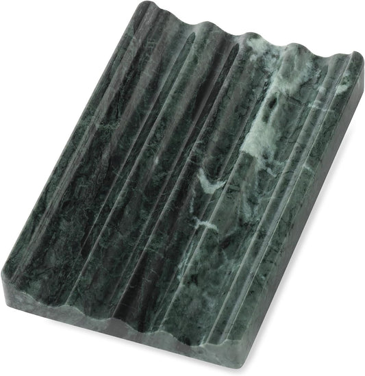Koville Indian Natural Marble Soap Dish for Shower, Stone Soap Tray for Bathroom, Bar Soap Holder for Sink, Stripe Grooves Saver Sponge Holder Keep Soap Bars Dry Easy Clean (Verde Alpi)