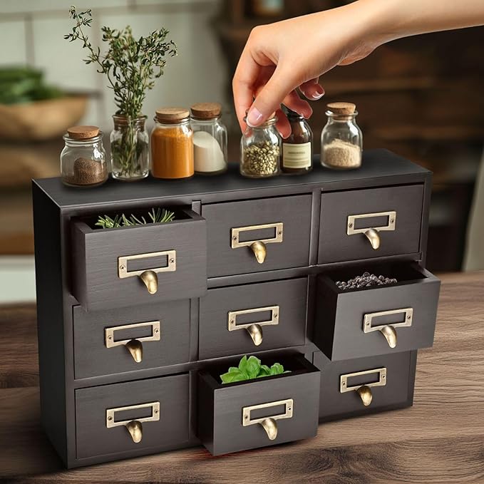 Flexzion Apothecary Cabinet with Drawers - 9 Vintage Apothecary Drawers Desktop Organizer for Home & Office - Wooden Tabletop Library Card Catalog Cabinet Storage for Jewelry, Makeup & Tools, Black