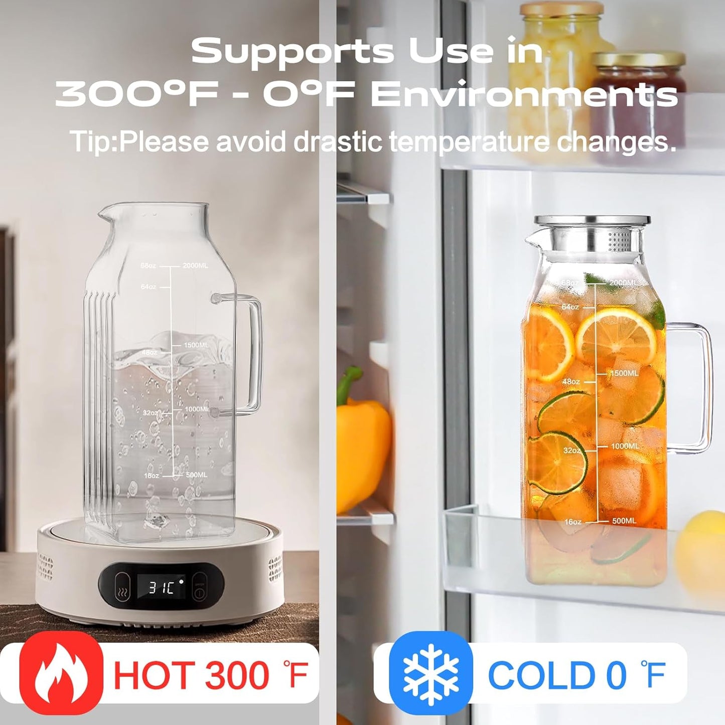 2 Liters/68oz 2 Pack Square Glass Pitcher with Lid and Handle for Fridge Door, Aofmee Borosilicate Glass Heat Resistant Dishwasher Safe Iced Tea Jar, Carafe with Scale Line for Hot/Cold Beverage