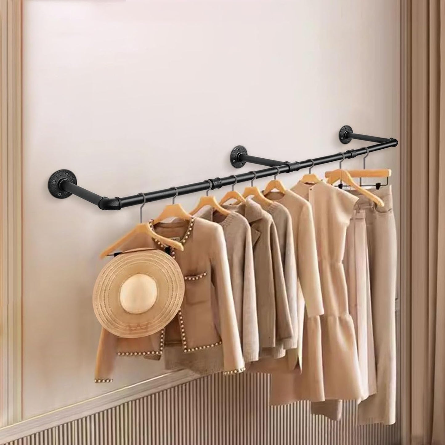 Industrial Iron Pipe Clothes Hanging Bar DIY Wall-Mounted Garment Rack Heavy Duty Clothing Rack for Bedroom, Laundry Room, Closet Storage (Black 50 inch)