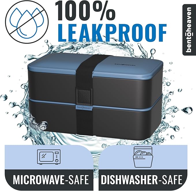 Bentoheaven Premium Bento Box Adult Lunch Box with Compartments for Women & Men, Set of Utensil & Chopsticks & Dip Container, Cute Japanese Kids Bento Lunch Box, Microwavable (Steel My Heart)