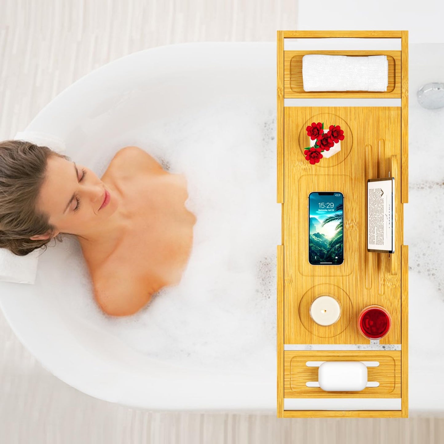 Bathtub Tray Caddy - Bath Tray - Bath Tub Tray Caddy - Bamboo Bath Table Tray for Tub - Expandable Size, Fits Most Tubs