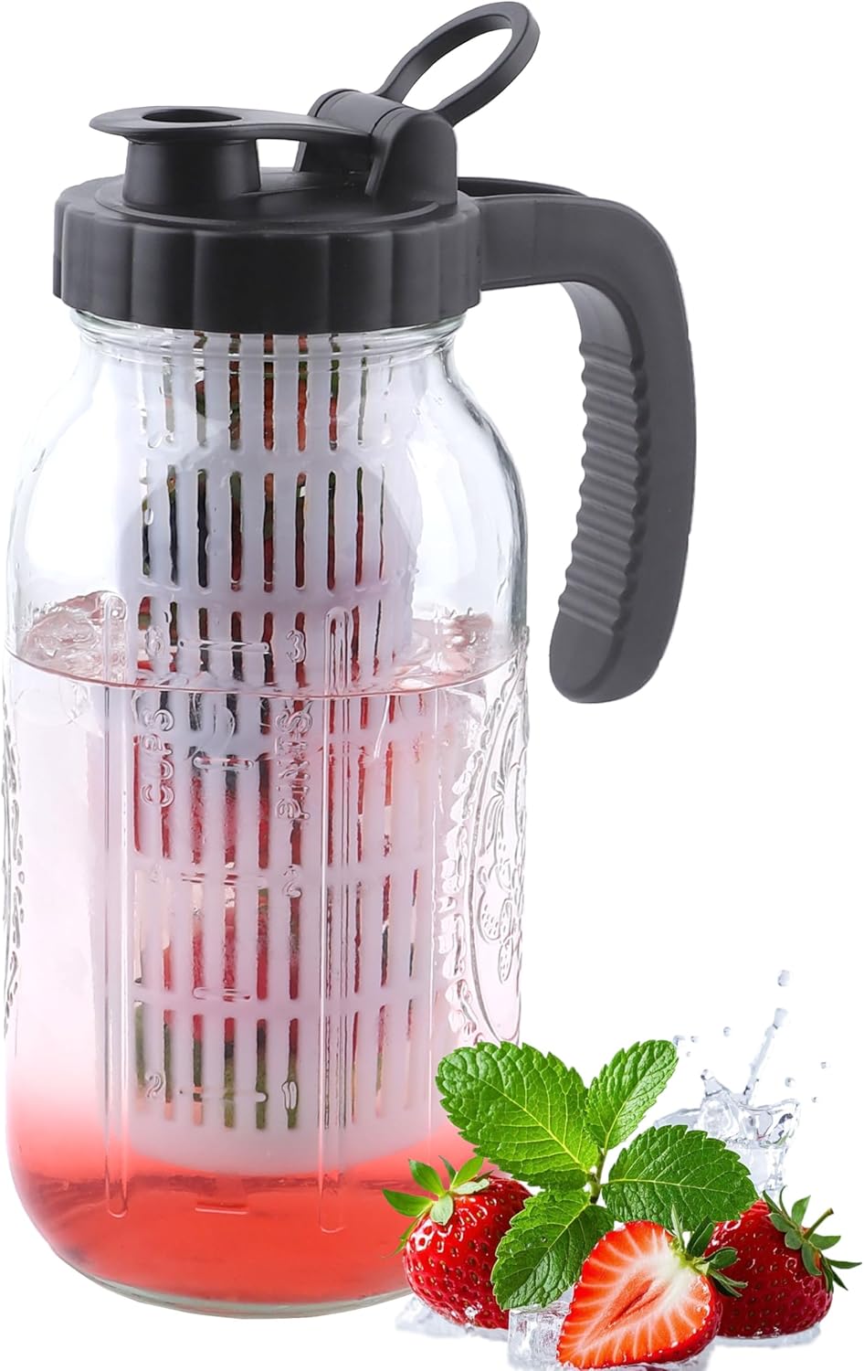 64 Oz Glass Mason Jar Water Pitcher With Infuser Half Gallon Mason Jug Carafe Wide Mouth 2 Quart Pitcher With Lid For Cold Hot Tea Coffee Lemonade beverage Breast Milk Juice Container For Fridge