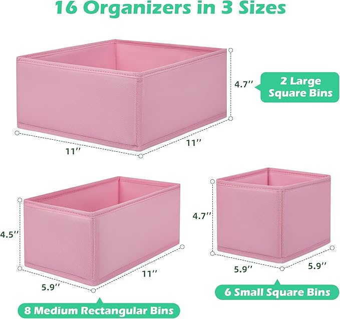 Drawer Clothing Organizer 16-Pack, Pink 3 Sizes Underwear Drawer Dividers, Fabric Folding Wardrobe Organizer for Baby Clothes, Bras, Underwear, Underpants, Belts, Socks, Ties, etc.