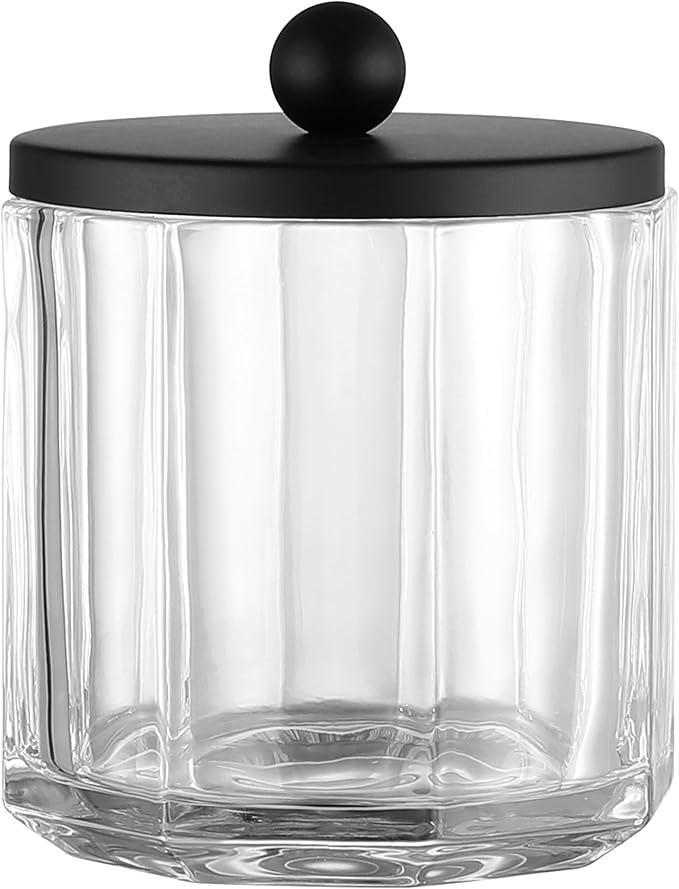 Clear Transparent Apothecary Octagional Shaped Glass Canister Jar With Matte Black Metal Lid Cover for Bathroom Organization, Cotton Balls, Q Tips, and Small Accessories, Bath Storage