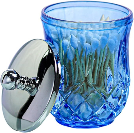 Qtip Holder,10Oz Blue Glass Apothecary Jars with Silver Lids for Bathroom Organization & Desk Storage,Thick Glass Apothecary Jars for Q-Tips,Cotton Rounds,Jewelry,Candy,Round