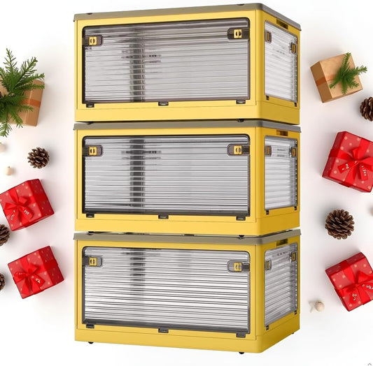 3 PACK Stackable Storage Bins, 83 Liters Closet Organizers with 3 Lids, Wheels, Drawers, Foldable Collapsible Box for Clothes and Camping Out Doors Bins, Orange