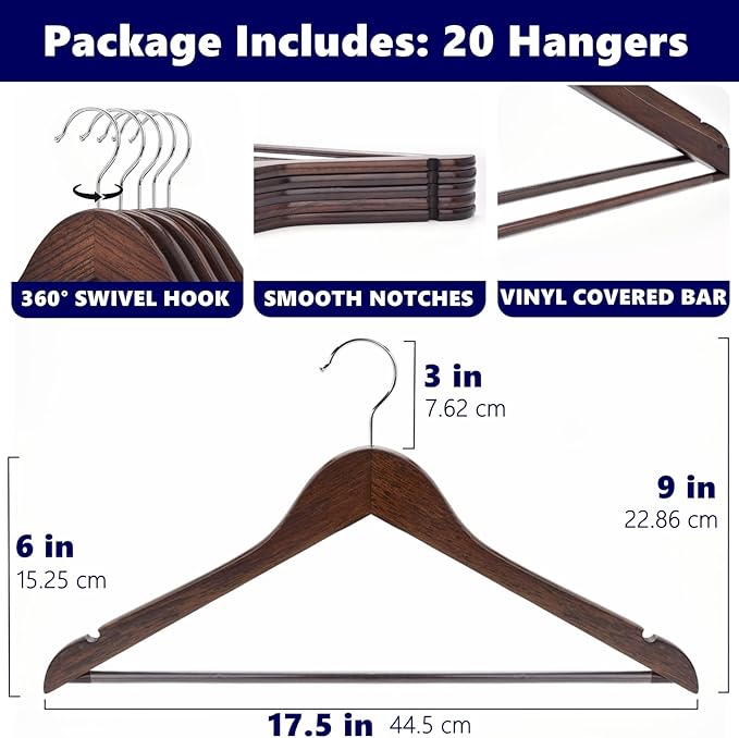 Amber Home 20 Pack Vintage Wooden Coat Hangers, Walunt Wood Suit Hangers with Non Slip Pant Bar, Clothes Hangers for Shirts, Jackets, Dress, Pant (Retro, 20)