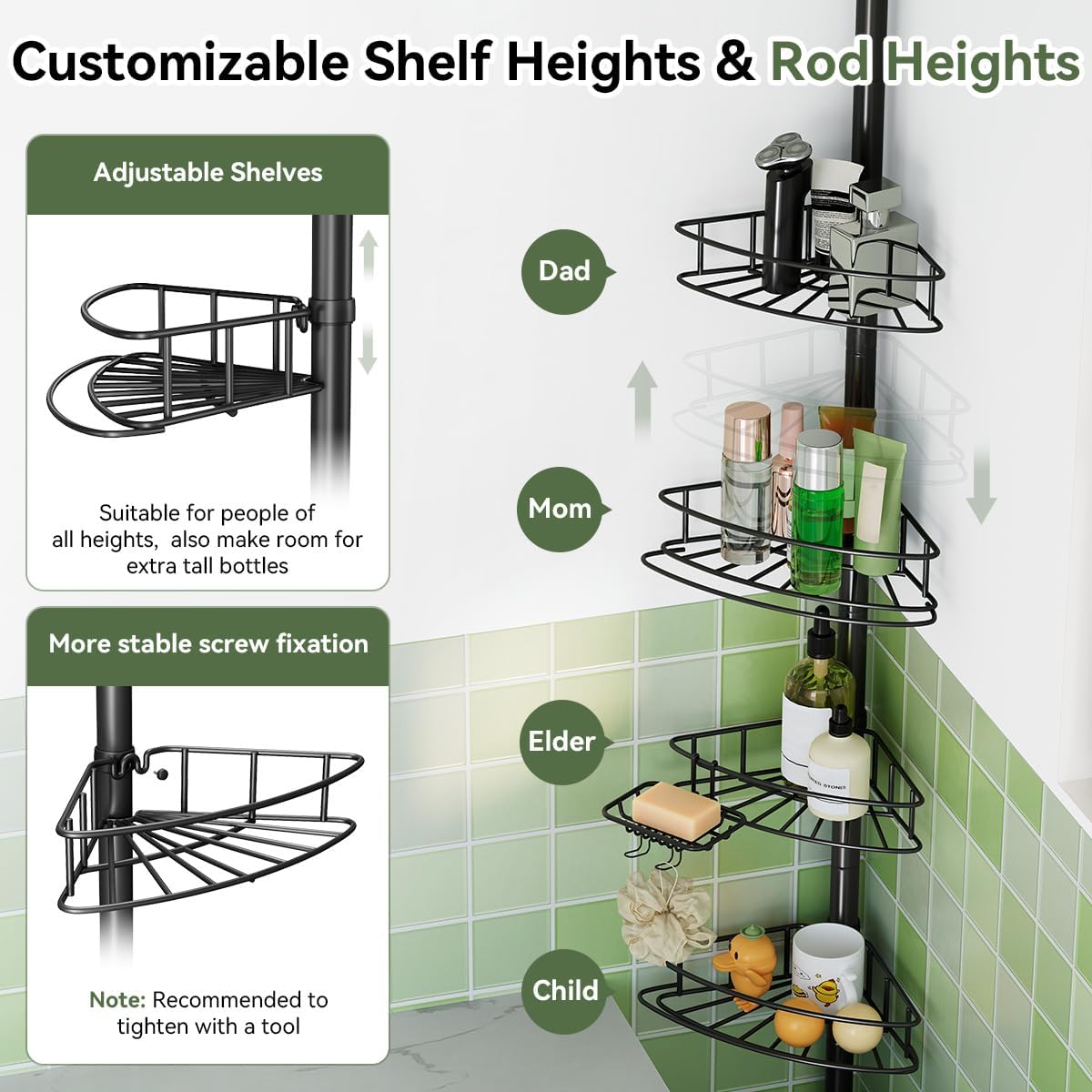 Corner Shower Caddy Tension Pole-4 Tier Adjustable Bathroom Shower Organizer with Soap Holder, Rustproof Shower Shelves Shower Rack for Inside Shower, Bathtub Shampoo Storage 29-118", Black